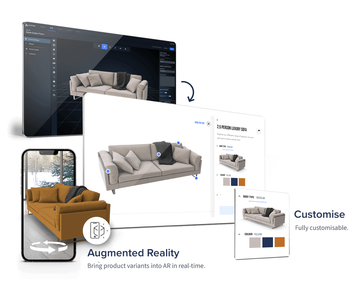 Beige sofa being displayed on different computer devices.